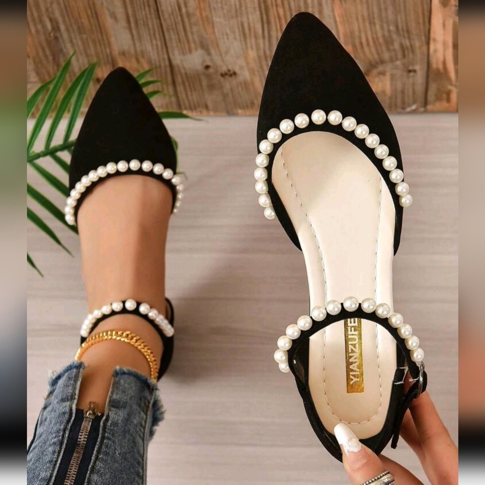 Women Faux Pearl Decor Point Toe Ankle Strap Flats, Fashion Outdoor Faux Suede F - Picture 1 of 7